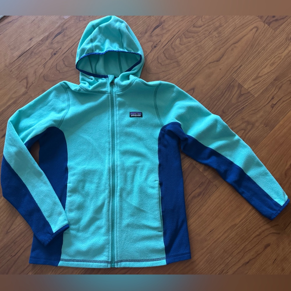Patagonia Kids Blue and Teal fleece Hoodie size L (12)